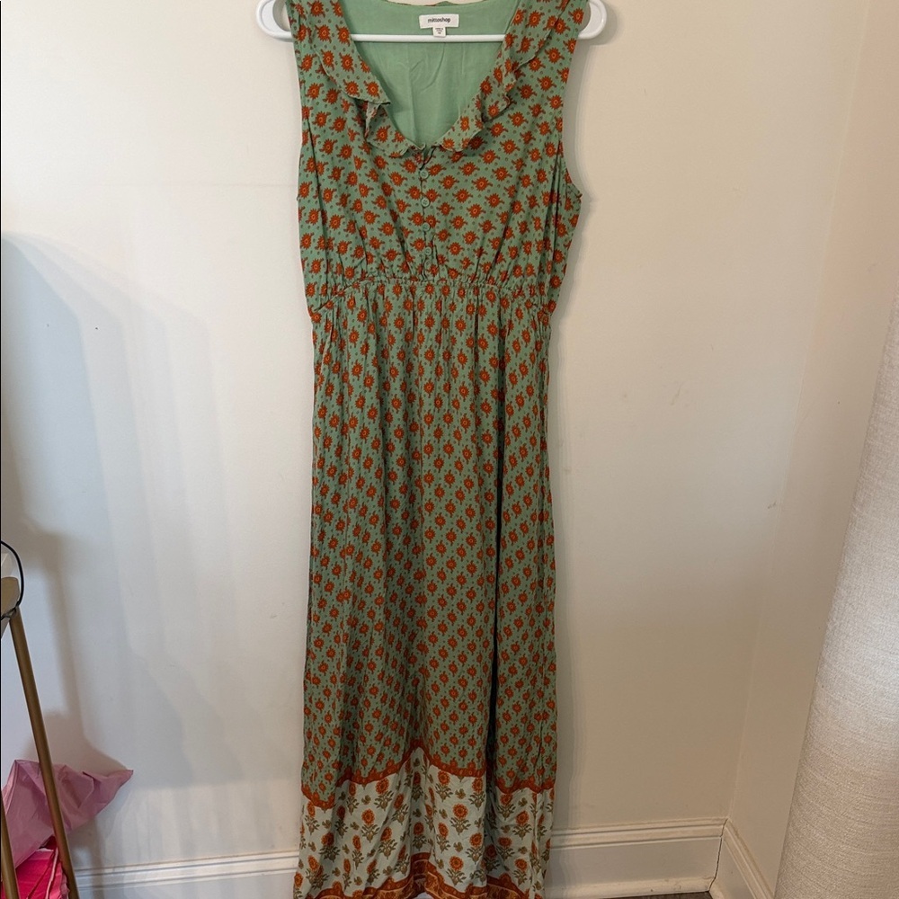 mittoshop Green Maxi Dress with Red Floral Print